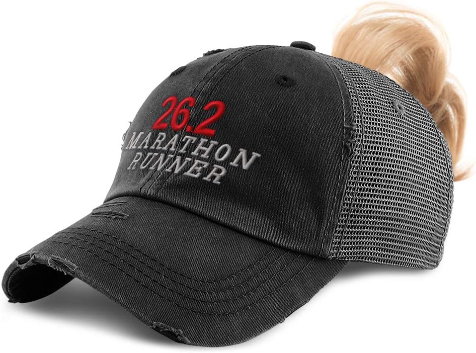Womens Ponytail Cap 26.2 Marathon Runner Run Embroidery Distressed Trucker Hats