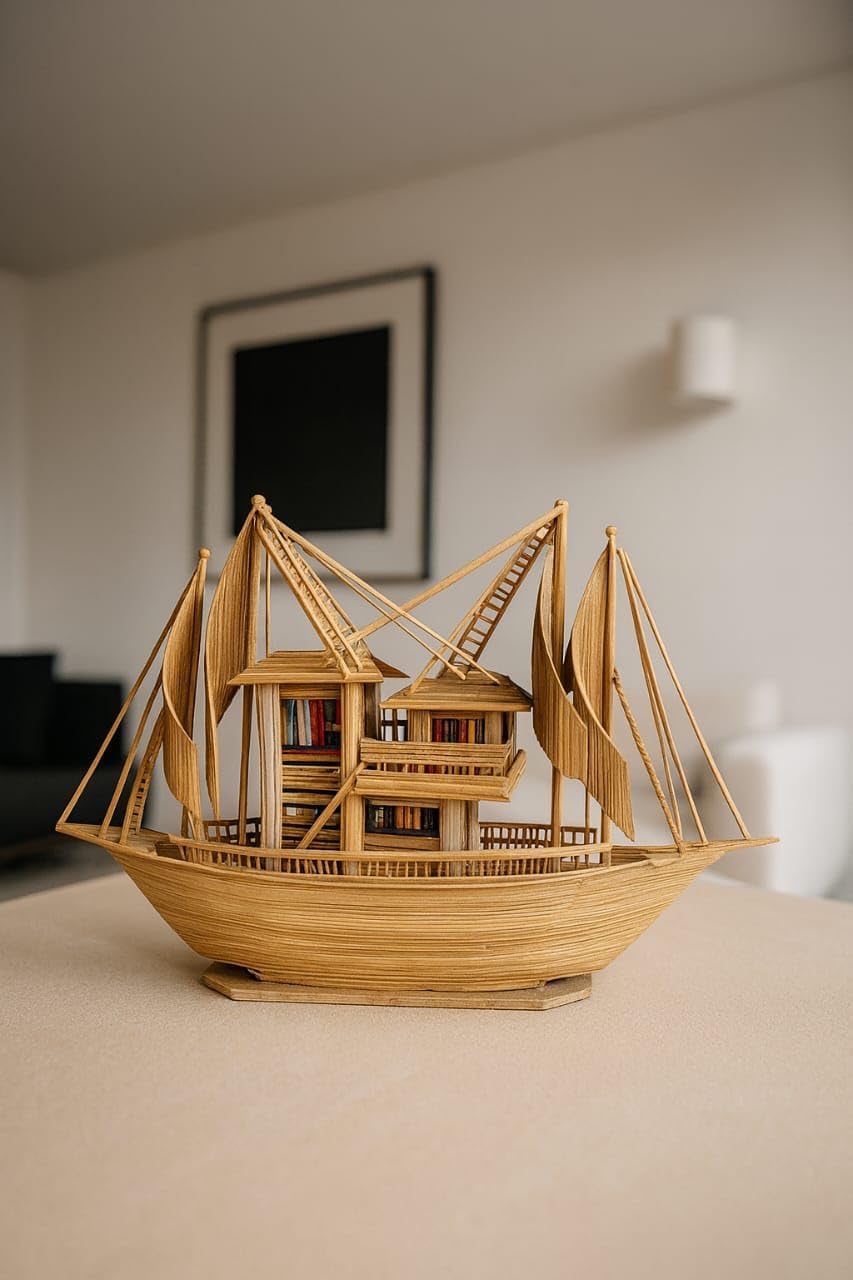 Decorative Wooden Ship Model 9.5 Inch – Handcrafted Bamboo Boat Showpiece | Coastal Nautical Decor | Eco-Friendly Natural Finish for Living Room, Study & Gifting-image-39