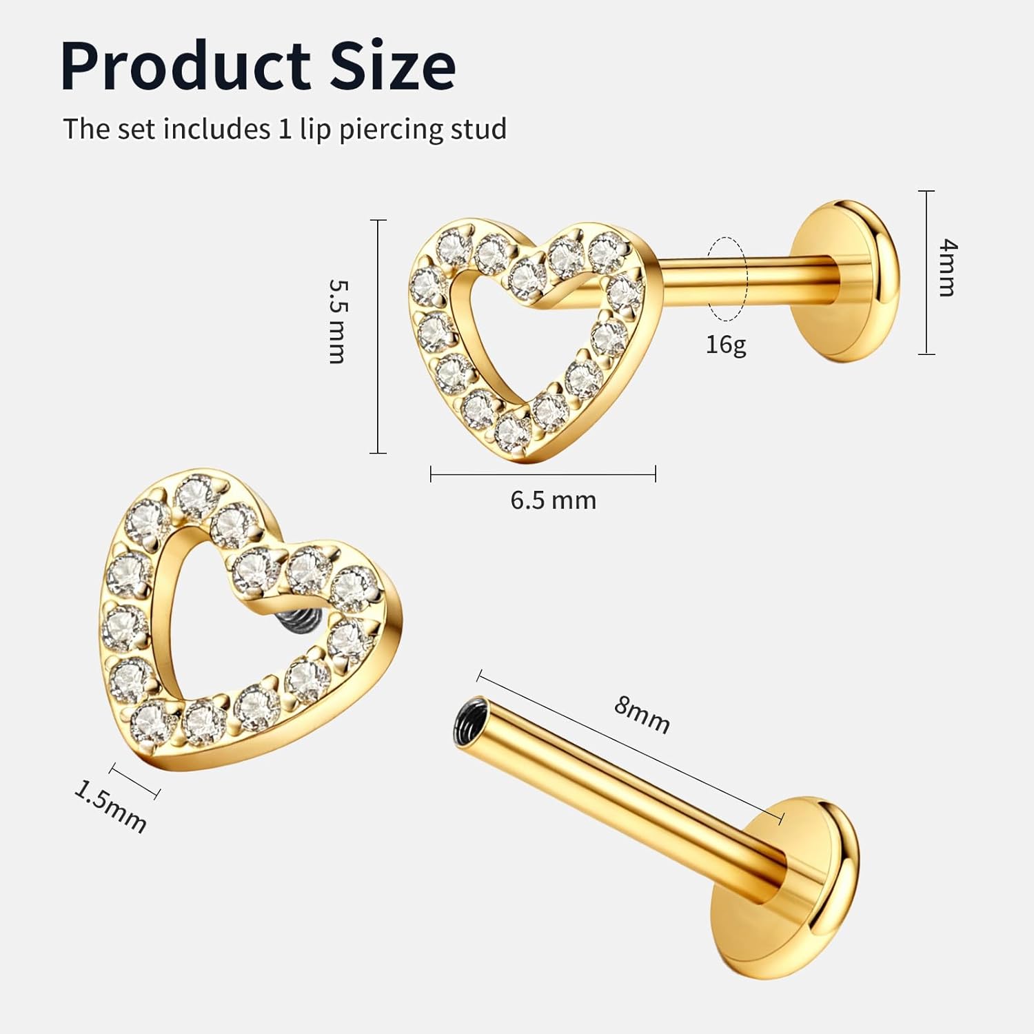 G23 Titanium Heart Flat Back Cartilage Stud Earrings with Cubic Zirconia - 16G 8mm Internally Threaded Helix Tragus Conch Medusa Labret Lip Piercing Jewelry - Hypoallergenic for Women Single Piece - Image 4