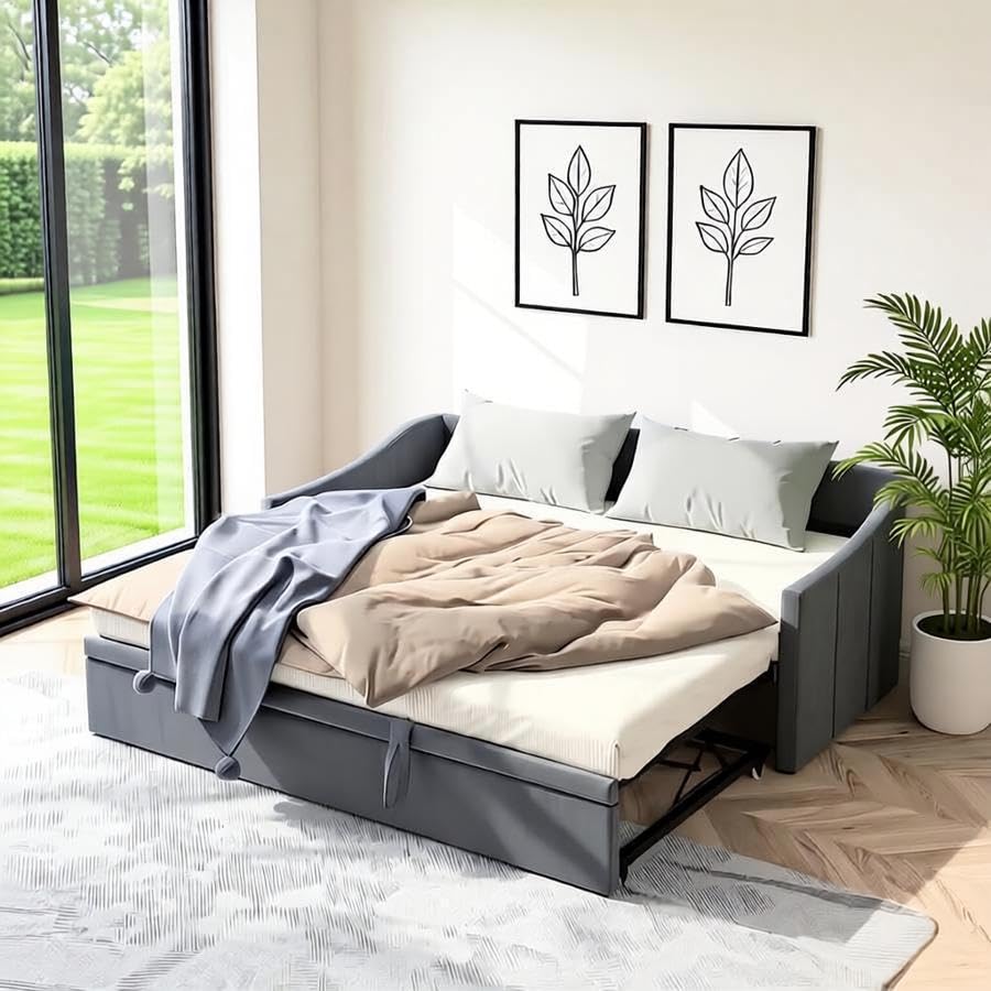 Polsterbett, Schlafsofa Ausziehbar Für 2 Personen, Tagesbett, Ausziehbett Gleiche Höhe, Schlafcouch Mit Lattenrosten Und Rückenlehne, Multifunktionsbett, Samtstoff, Ohne Matratze (Grau, 90x200cm)