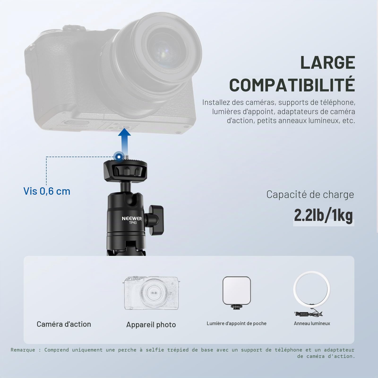 NEEWER Mini Perche à Selfie Bureau Trépied Compatible avec iPhone,GoPro,Insta360,DJI,avec 360°Rotule et Axe Central Élevé,Support Portable en Métal pour Caméra,Webcam,Téléphone Portable,Vlog,TP43 Noir