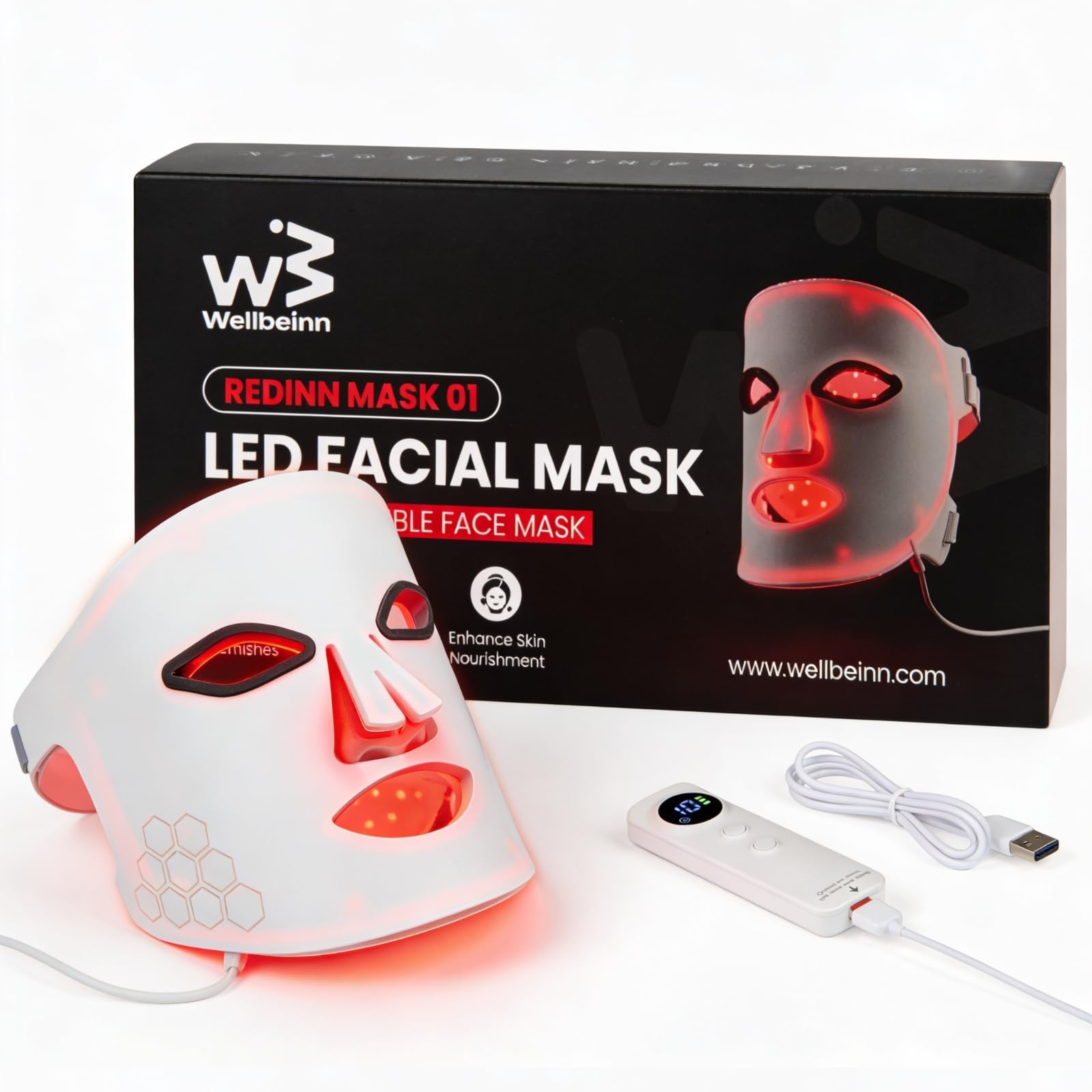 WELLBEINN Máscara Facial LED Luz Roja 633nm + Infrarrojo 830nm | Máscara de Terapia de Luz Roja | Silicona de Grado Médico, Ajustable e Inalámbrica, Uso en Casa para Rutinas de Autocuidado de Arrugas
