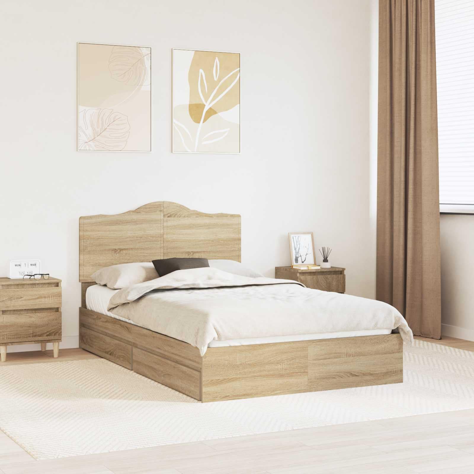 vidaXL Storage Bed with Drawer Sonoma Oak 120 x 190 cm Engineered Wood, Modern, Rectangular Bed Frame for Stylish Sleeping Space, Durable Engineered Wood Platform, Customized Width Solution