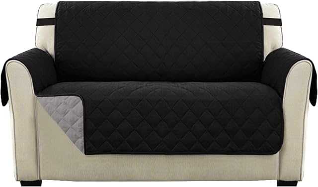 Original Reversible Couch Slipcover Furniture Protector, 2 Seater Sofa Quilted, Sitting Width Up to 46", Anti-Slip 2" Strap, Machine Washable Slip Cover for Pets (Loveseat, Black/Gray)