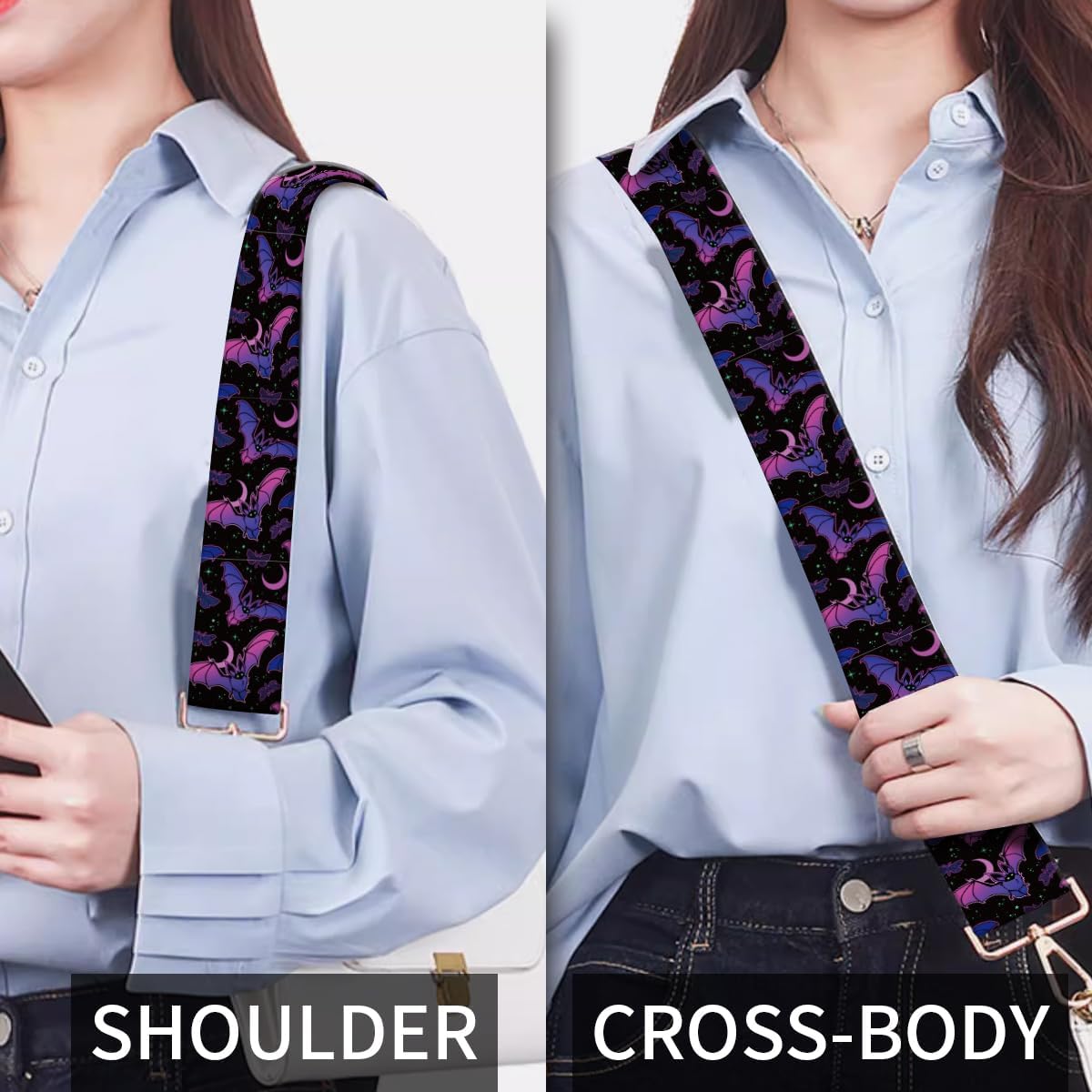 Purse Strap Replacement Crossbody, 3.8cm Wide Shoulder Strap Adjustable Replacement Belt Gold Buckle, Handbag Crossbody Bag Strap Purple Bats - Image 5