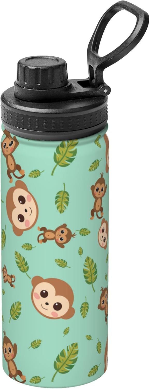 Kids Water Bottle,Animal Monkey Insulated Stainless Steel Vacuum Wide Mouth Sports Leak Proof Travel Travel Mugs for Girls Boys 18 Oz