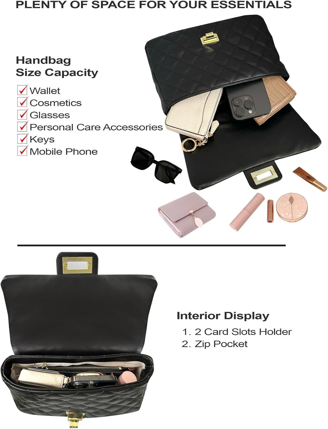 Medium Quilted Leather Crossbody Bag, Designer Soft Shoulder Light Purse, Outer Back Pocket