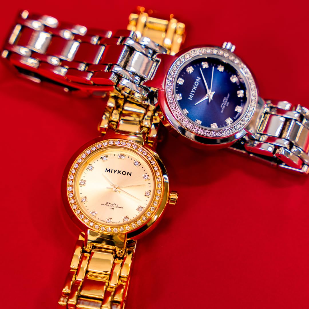 Miykon Relojes de plata y oro para mujer, pequeño y delicado reloj para mujer con cristales auténticos, pulsera de joyería para mujer pulida con iones, vidrio resistente a los arañazos, cuarzo japonés