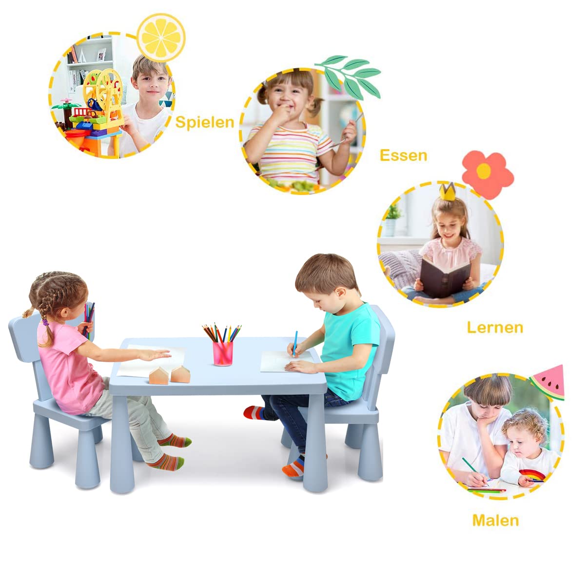 RELAX4LIFE 3-teilige Kindersitzgruppe, Kindermöbelset: 2 Stühle & 1 Tisch, Sitzgarnitur für Kinder zum Schreiben & Lesen & Spielen & Essen, Tisch & Stuhl jeweils bis 50 kg belastbar, Kunststoff (Blau)