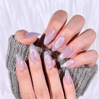 30PCS Press on Nails Medium Almond French Tip Fake Glitter Nails Full Cover Glue on Nail Stick on Nail for Women (06#Semi-Transparent)