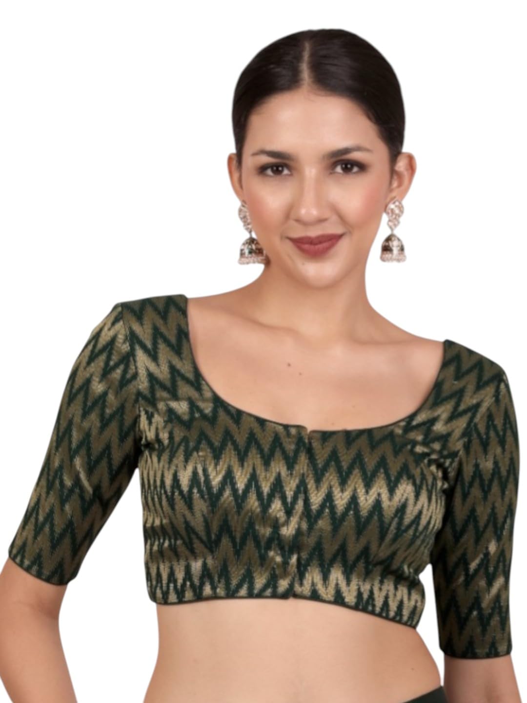 biyu Women's Brocade Gold Zigzag Pattern Elbow Sleeve Readymade Saree Blouse-picture-14