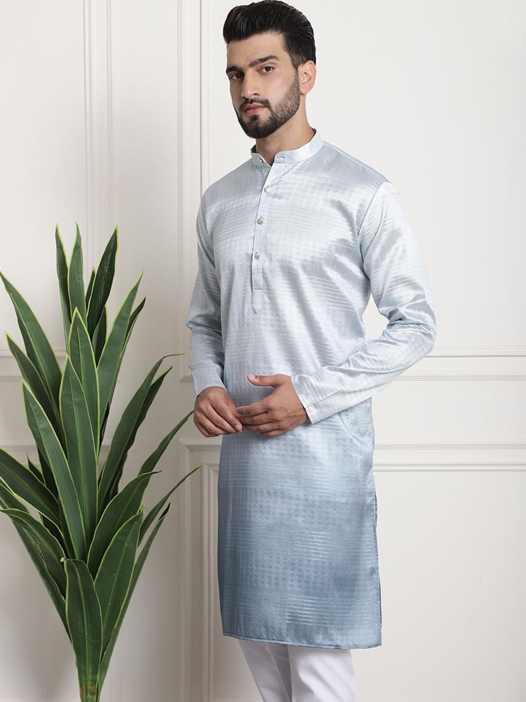 Sojanya (Since 1958 Men's Jacquard Silk Multi Shade Grey Color Kurta With Sequence