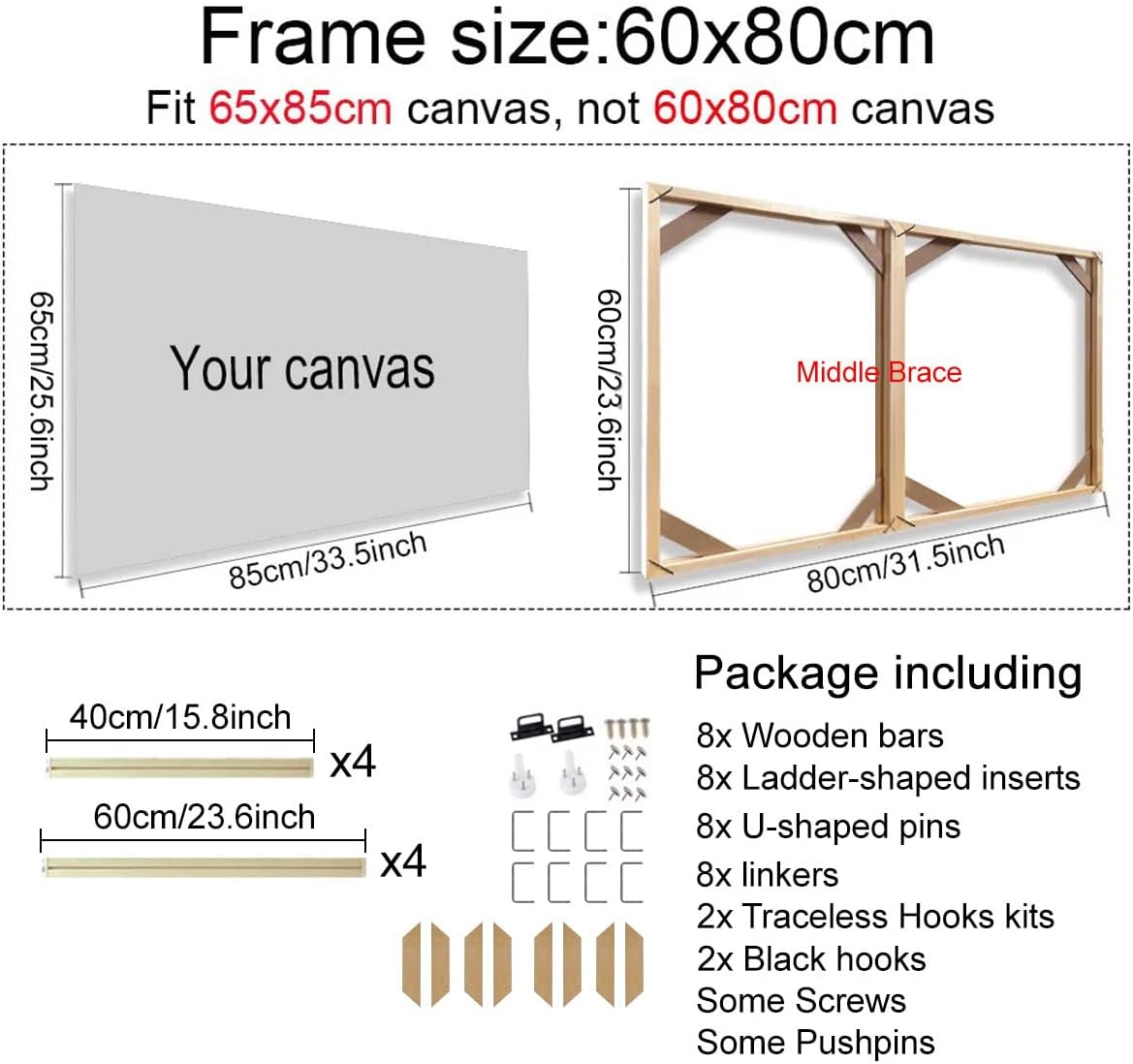 60x80cm DIY Solid Wood Canvas Frame, Canvas Floater Frames for Paint by Number Oil Painting, Diamond Painting, Wall Art, Artwork Accessories