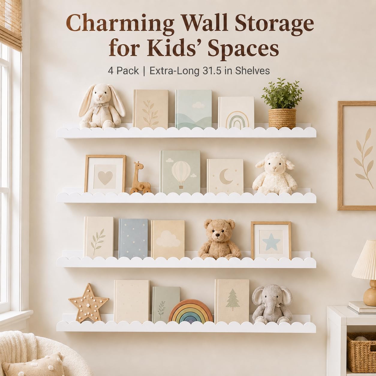 Extra Long White Scalloped Nursery Shelves for Wall, 4-Pack 31.5 Inch Floating Book Shelves for Kids Room, Wall Mounted Bookshelves for Bedroom, Playroom, Book and Decor Display
