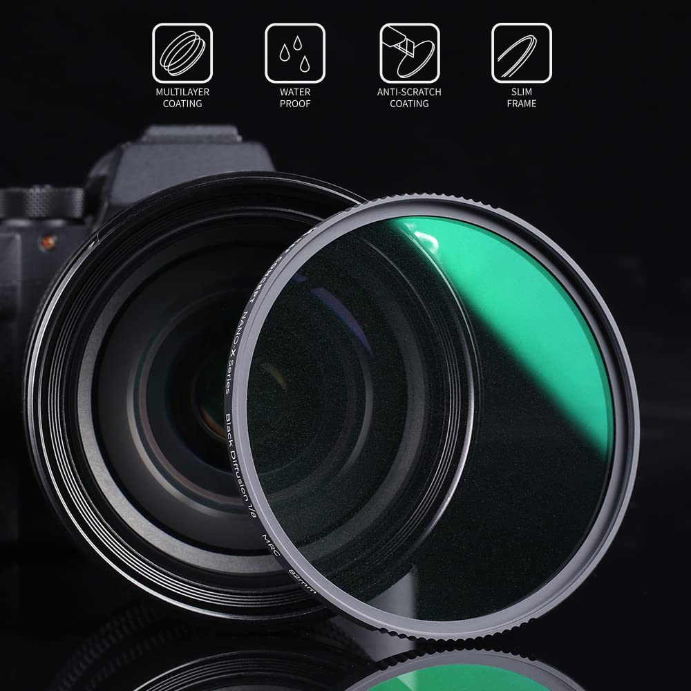 K&F Concept Nano-X Series Black Diffusion - Filtro de lente de efecto cinematográfico de 1/8 con 28 revestimientos multicapa, difusión de luz negra para video, vlog, fotografía de retratos (82 mm)