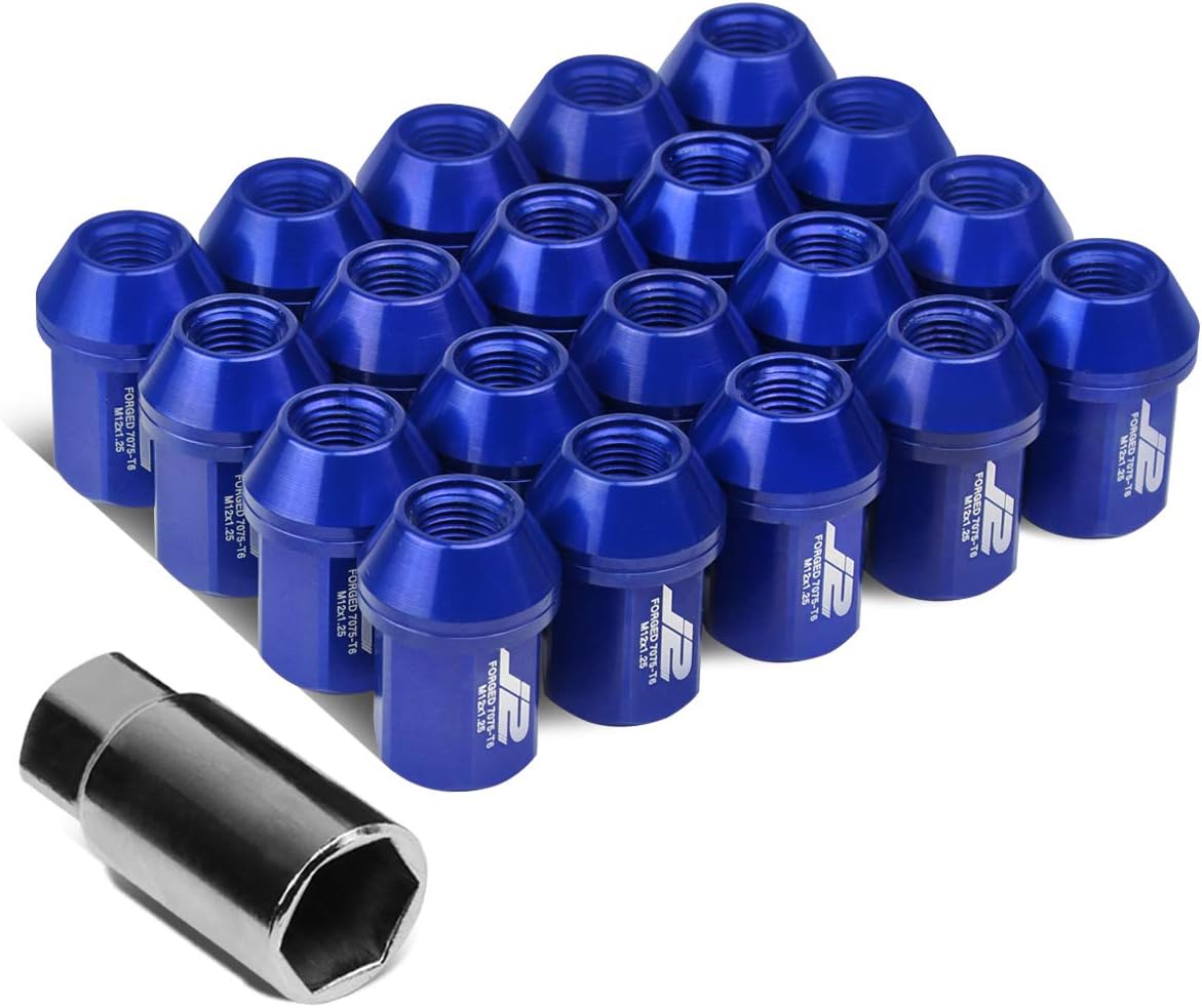 J2 Engineering 20 Pcs 7075 Aluminum Closed End M12 x 1.25 Lug Nuts Set w/Socket Adapter, Blue, Fit Conical Seat, LN-T7-006-125-BL
