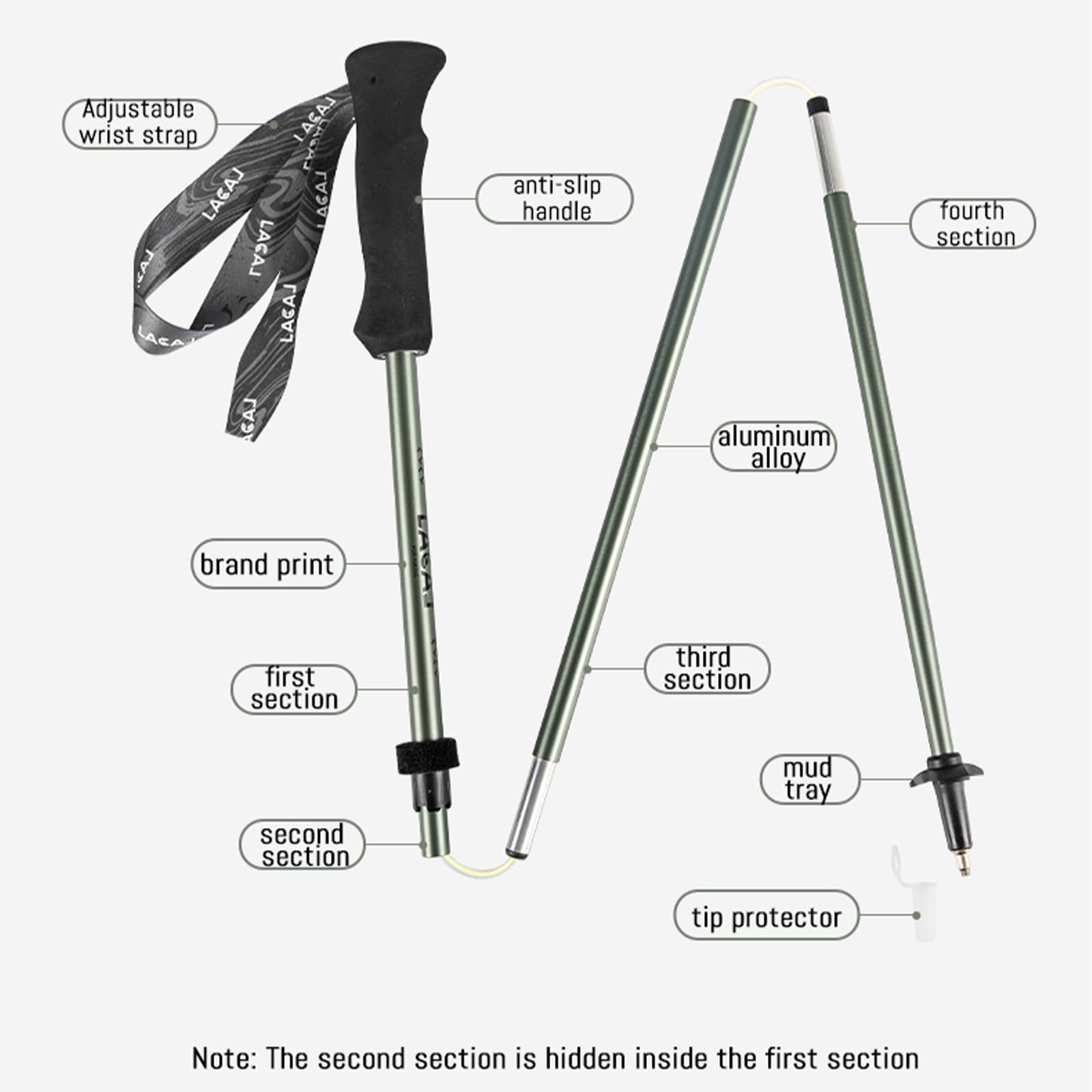 4-częściowy składany kij trekkingowy ultralekki 187g-110 cm/120 cm zewnętrzny zamek ze stopu aluminium teleskopowa laska do chodzenia na zewnątrz turystyka sprzęt do wspinaczki, 34/36 cm kompaktowe