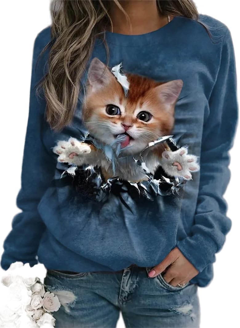 TIAFORD Womens Cute Cats Graphic Crewneck Sweatshirt Winter Trendy Casual Plus Size Long Sleeve Shirt for Cats Lovers