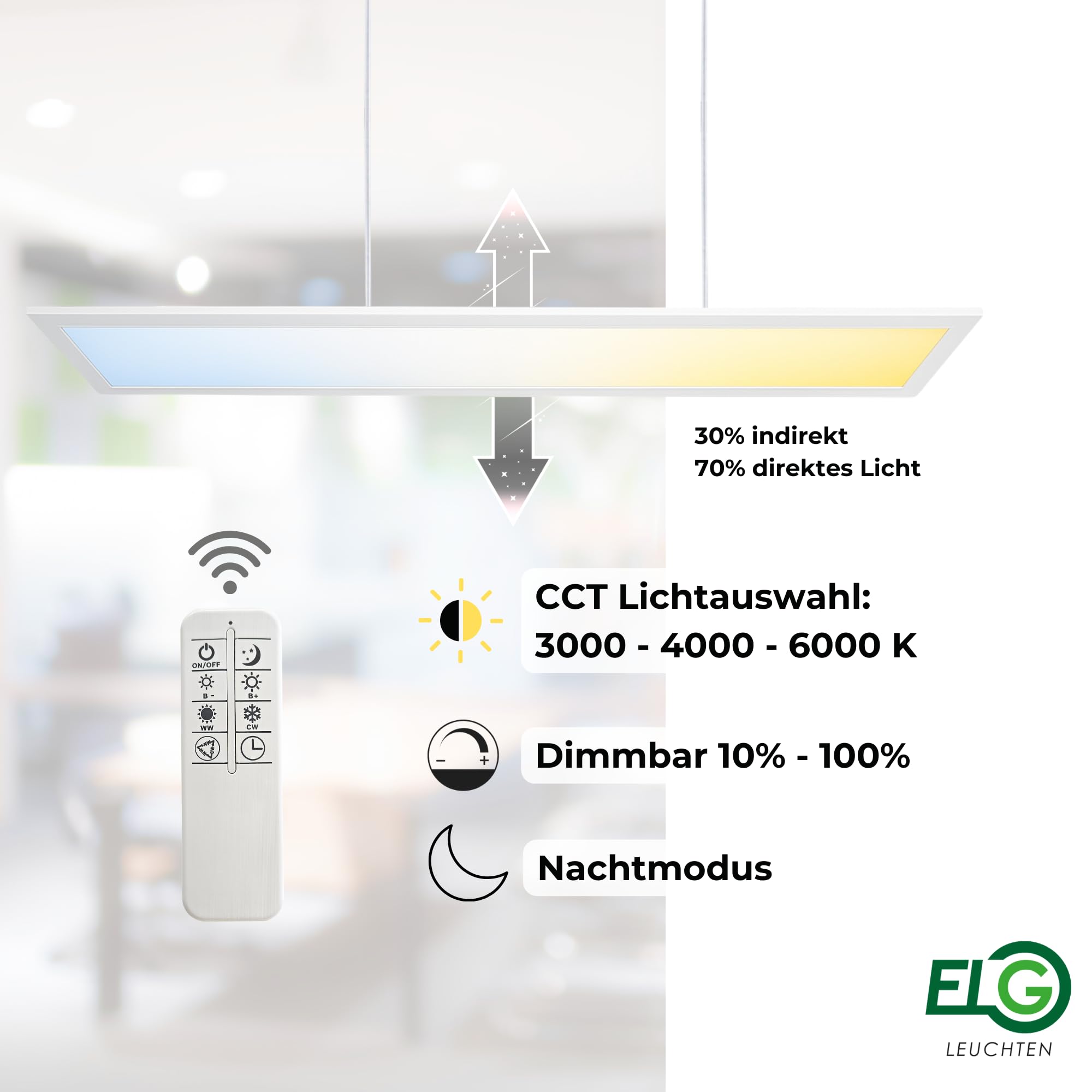 LED Pendelleuchte 120cm direkt/indirekt Dimmbar CCT 3000-6000K 32 Watt | mit Fernbedienung, Mikroprismatische Abdeckung, 2880 lm, CRI>90, IP20, Höhenverstellbar