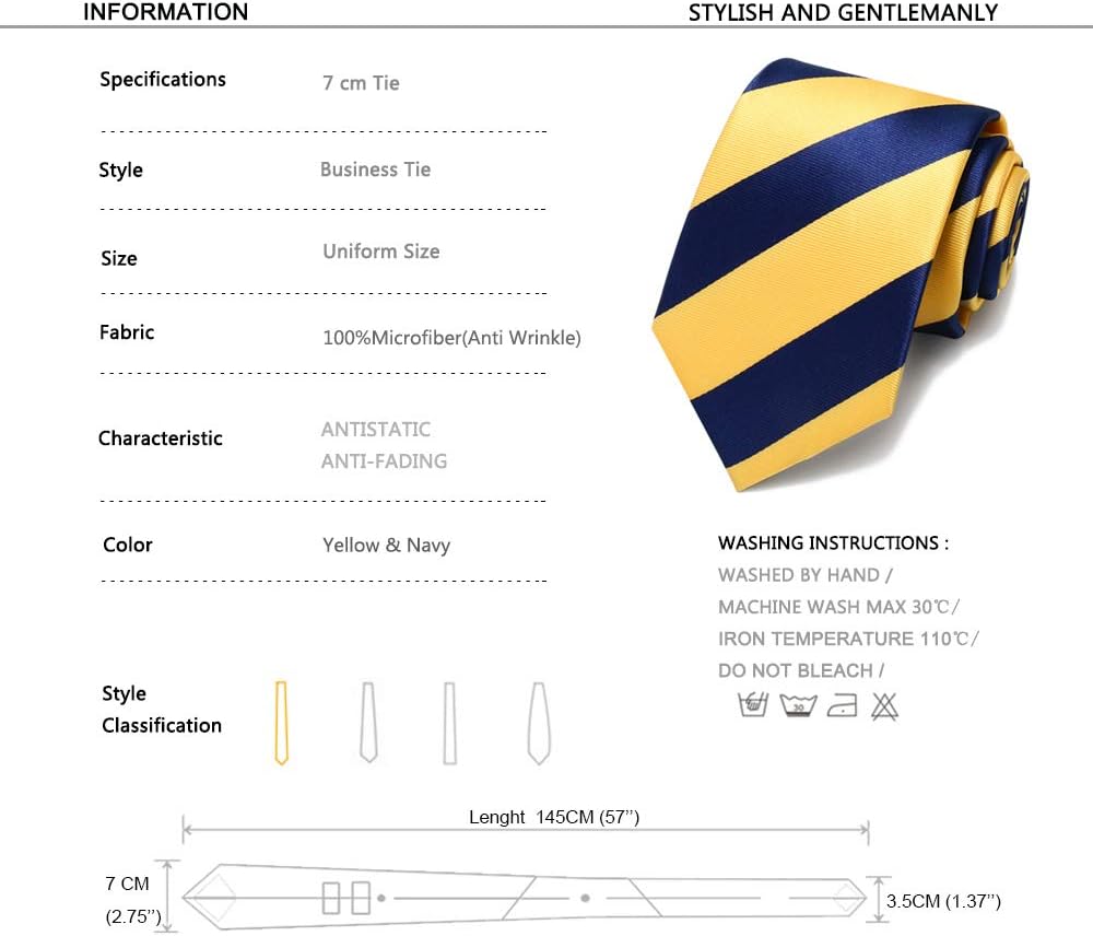 Fashion Men's Tie Formal Business 2.75'' Ties for Men Yellow Navy Blue Stripe Neckties + Gift Box