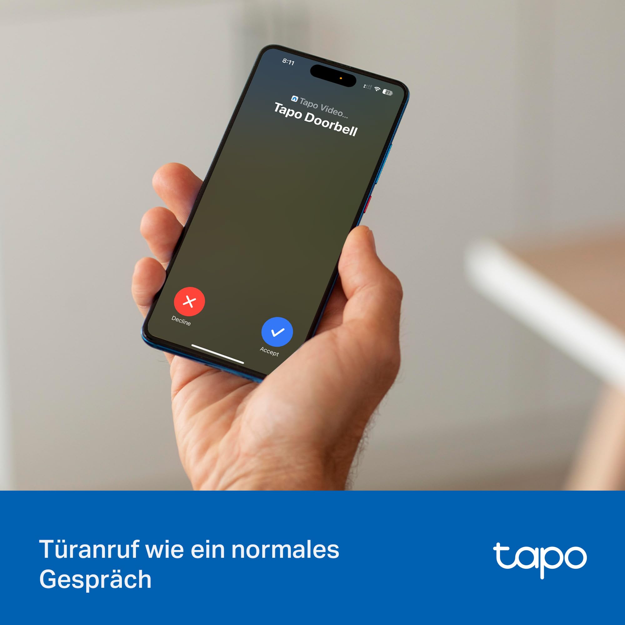 Tapo D205 Akku-Videotürklingel | WLAN Türklingel mit Kamera | 2K, 160° Weitwinkel, Zwei-Wege-Audio | Integrierter Akku | Lokale Speicherung auf microSD & H500 HomeBase | Kompatibel Solarpanel