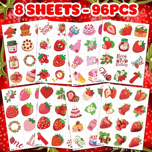 Image of 96PCS Strawberry Berry Pre-Cut Temporary Tattoos for Kids | | Super Cute 1st Themed Birthday Party Favors, Supplies, Decorations, Fake Tattoo Stickers Rewards & Gifts For Boys & Girls