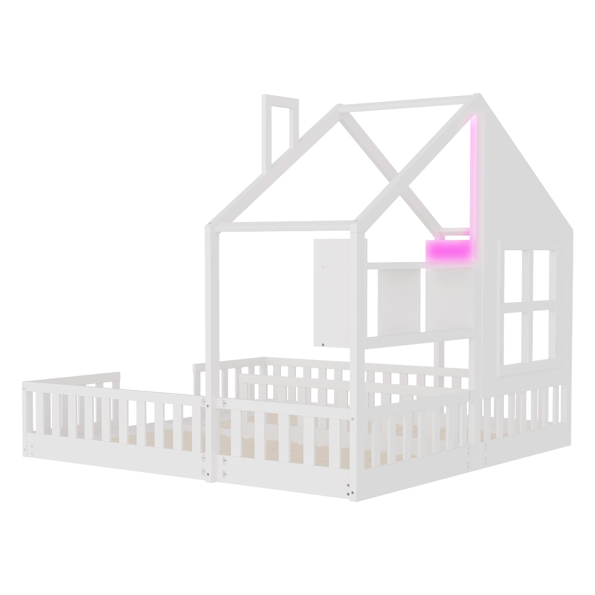 Lettino per Bambini 90×200 cm, Letto Matrimoniale Indipendente in Stile Casa, Funzione Atmosferica, Recinzione di Sicurezza e Superfici di Appoggio, Legno + MDF, Completo di Rete a Doghe per