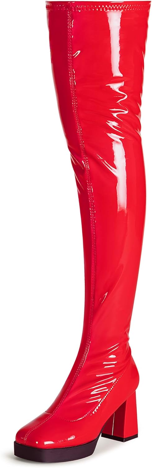 KHPAERMEI Platform Thigh High Boots Women GoGo Boots Square Toe Chunky Heels Patent Leather PU Over The Knee High Stretch Boots