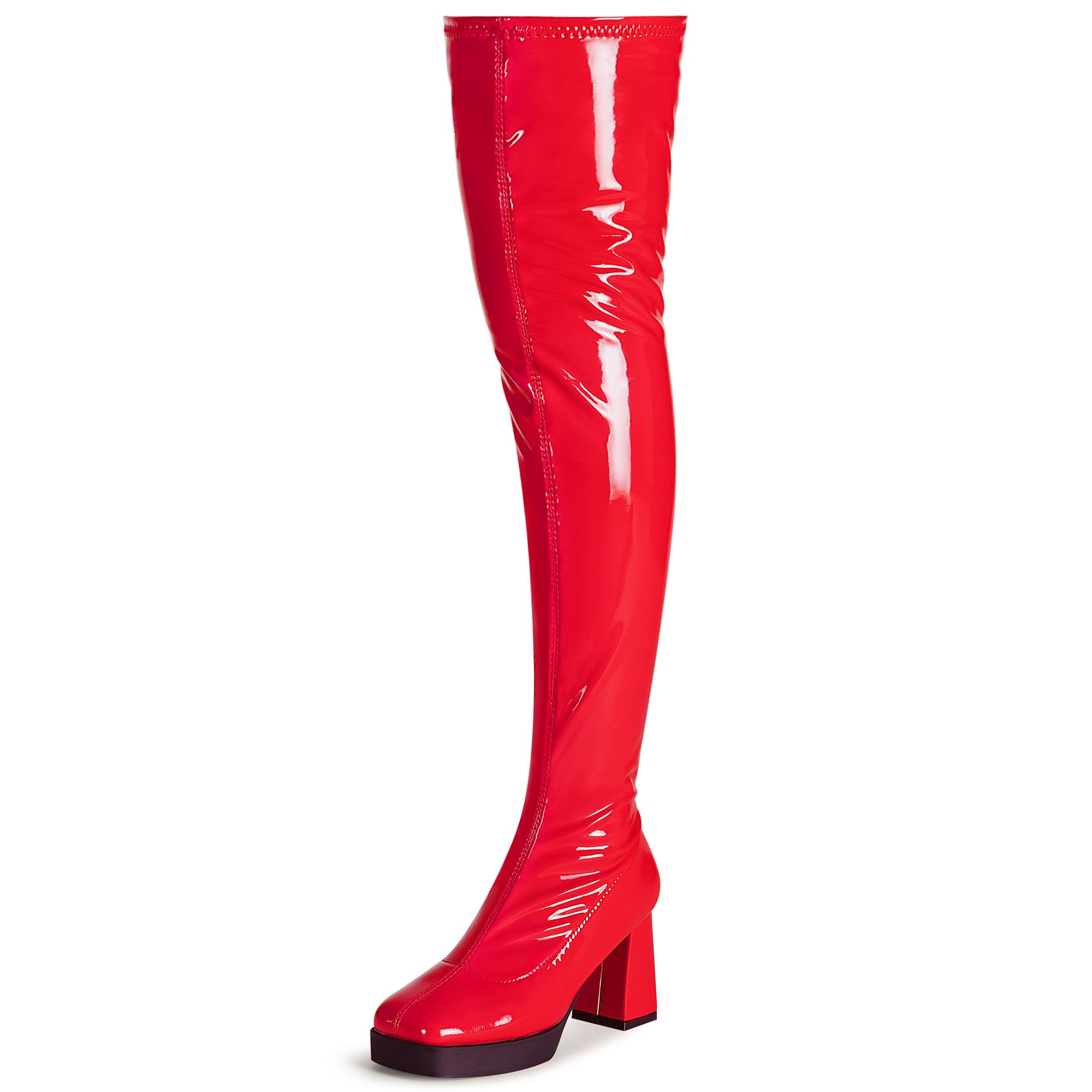 KHPAERMEI Platform Thigh High Boots Women GoGo Boots Square Toe Chunky Heels Patent Leather PU Over The Knee High Stretch Boots