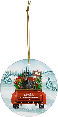 Miniatura 2 de Winter Welcome Black Rust Doberman Pinscher My First Christmas Adornos 2025 Personalizados con Nombre Círculo Blanco Cerámica Cachorro Dueño Regalos