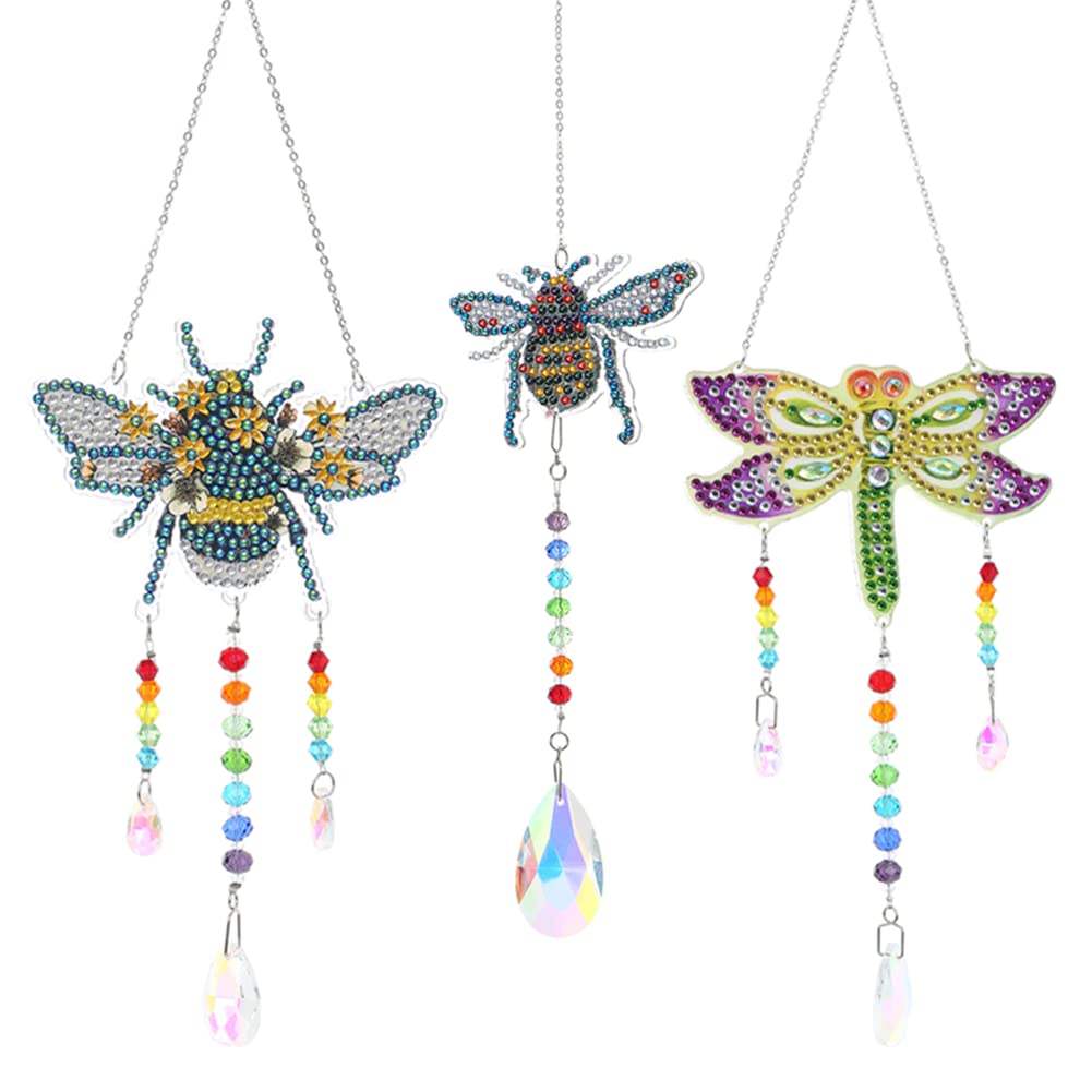 3 Pack Diamond Painting Wind Chime Suncatcher Kits DIY Window Hangings Paint by Number Diamond Art Sun Catchers Hanging Ornament for Home, Garden, Indoor and Outdoor (Bee, Dragonfly)