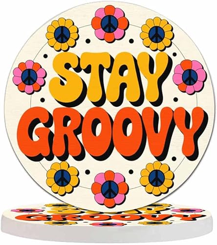 Stay Groovy - Juego de 2 posavasos para bebidas, mesa de centro de oficina, de los años setenta, diseño retro de flores hippie en círculo, Mantente