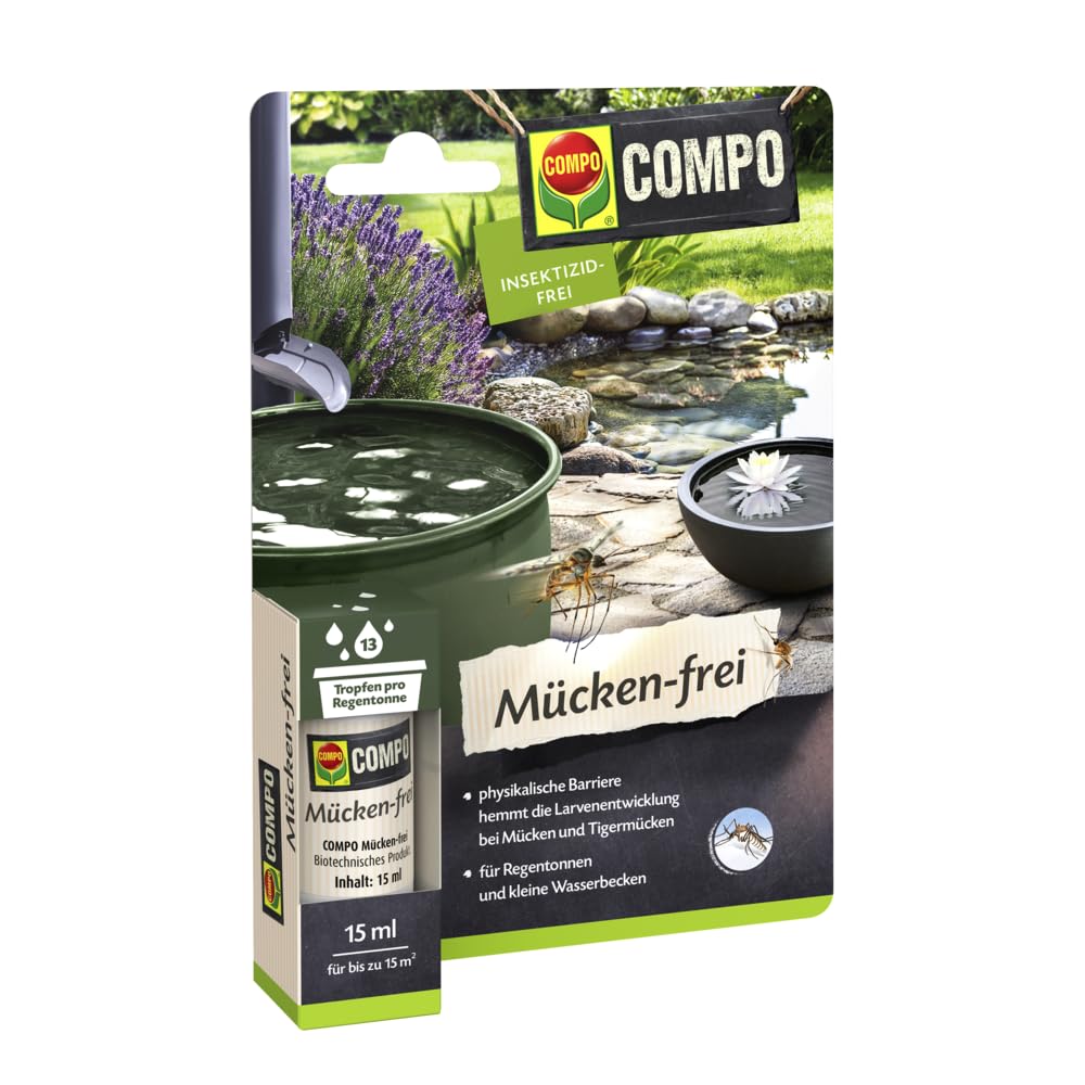 Compo Mücken‑frei, 15 ml – Physikalische Barriere gegen Mücken‑ und Tigermückenlarven, für Regentonnen & Teiche, bis zu 4 Wochen Schutz gegen Mückenlarven & 100 % pflanzlich