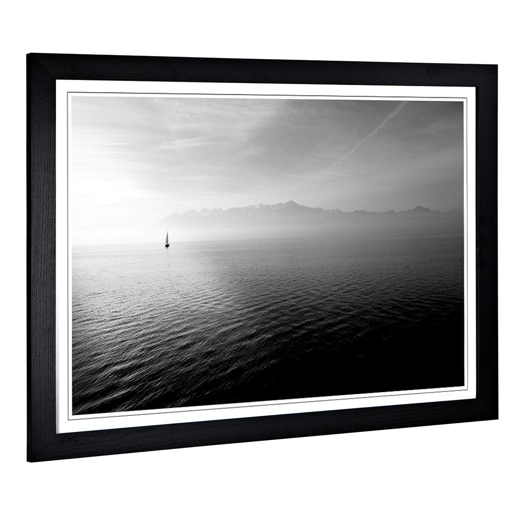 Big Box Art Framed Print of Lonely Boat on The Lake Seascape Design | Wall Art Picture | Home Decor for Kitchen, Living Room, Bedroom, Hallway, Black, A2 / 24.5x18 Inch / 62x45cm