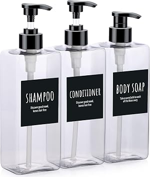 Segbeauty Shampoo Bottles, 3pcs 16.9oz Empty Refillable Pump Dispenser with Labels, 500ml Plastic Reusable Press Lotion Containers for Bathroom Hotel Liquid Soap Body Wash Hand Soap Conditioner Clear
