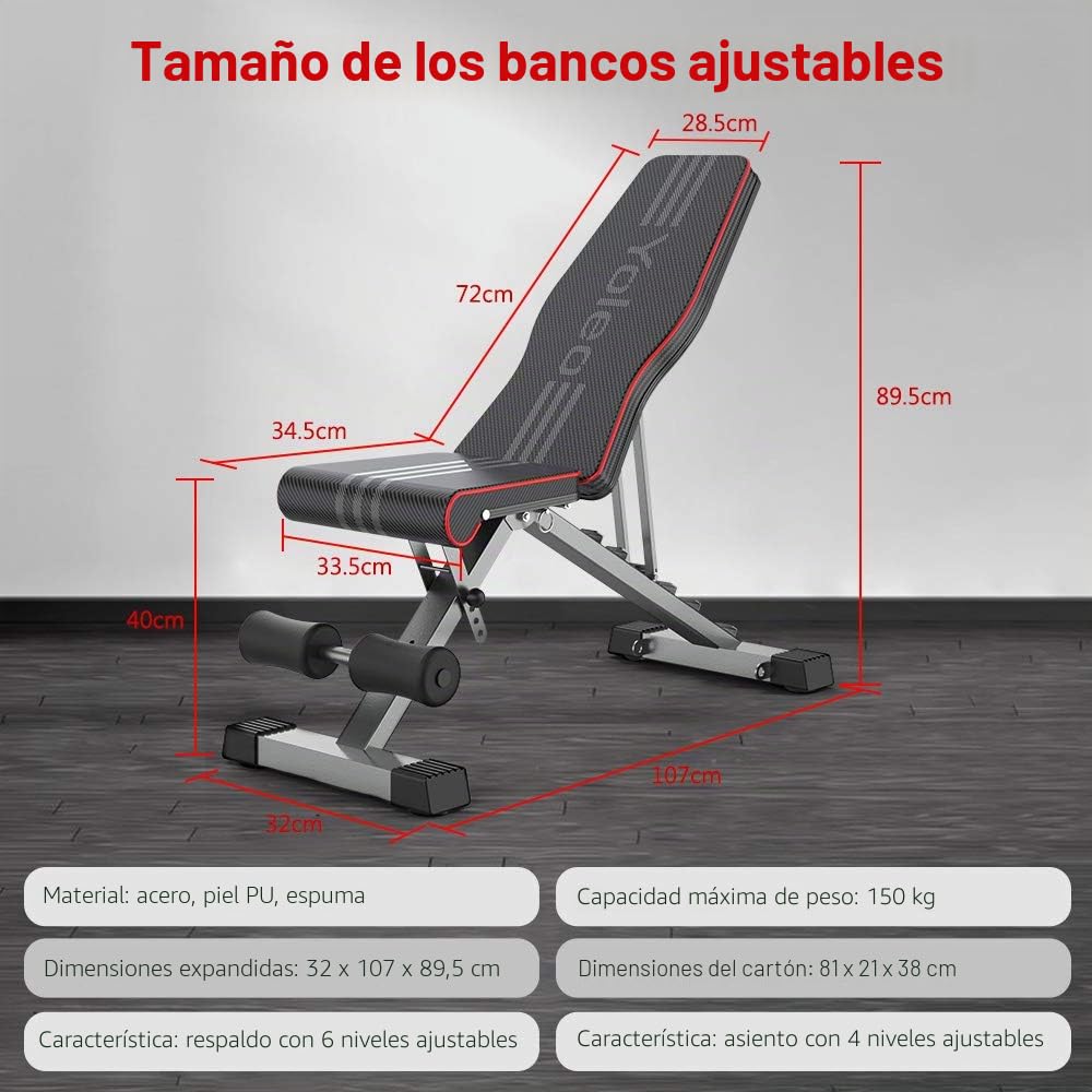 YOLEO Banco de musculación regulable, no requiere ensamblaje, banco de pesas, entrenamiento en casa, respaldo ajustable, apto para principiantes y expertos, carga máx. 300kg