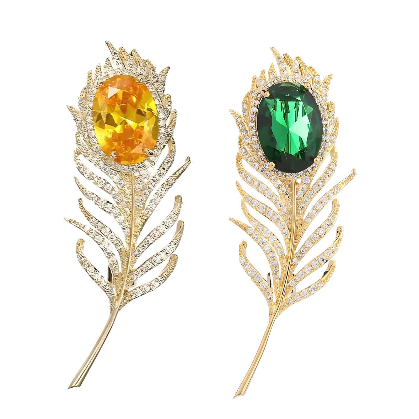 2PCS Brooch for Men, Feather Design for Sherwani and Formal Attire, Elegant Saree Pin for Women, Hijab Accessory, Wedding and Usually Occasion Jewelry (Golden)