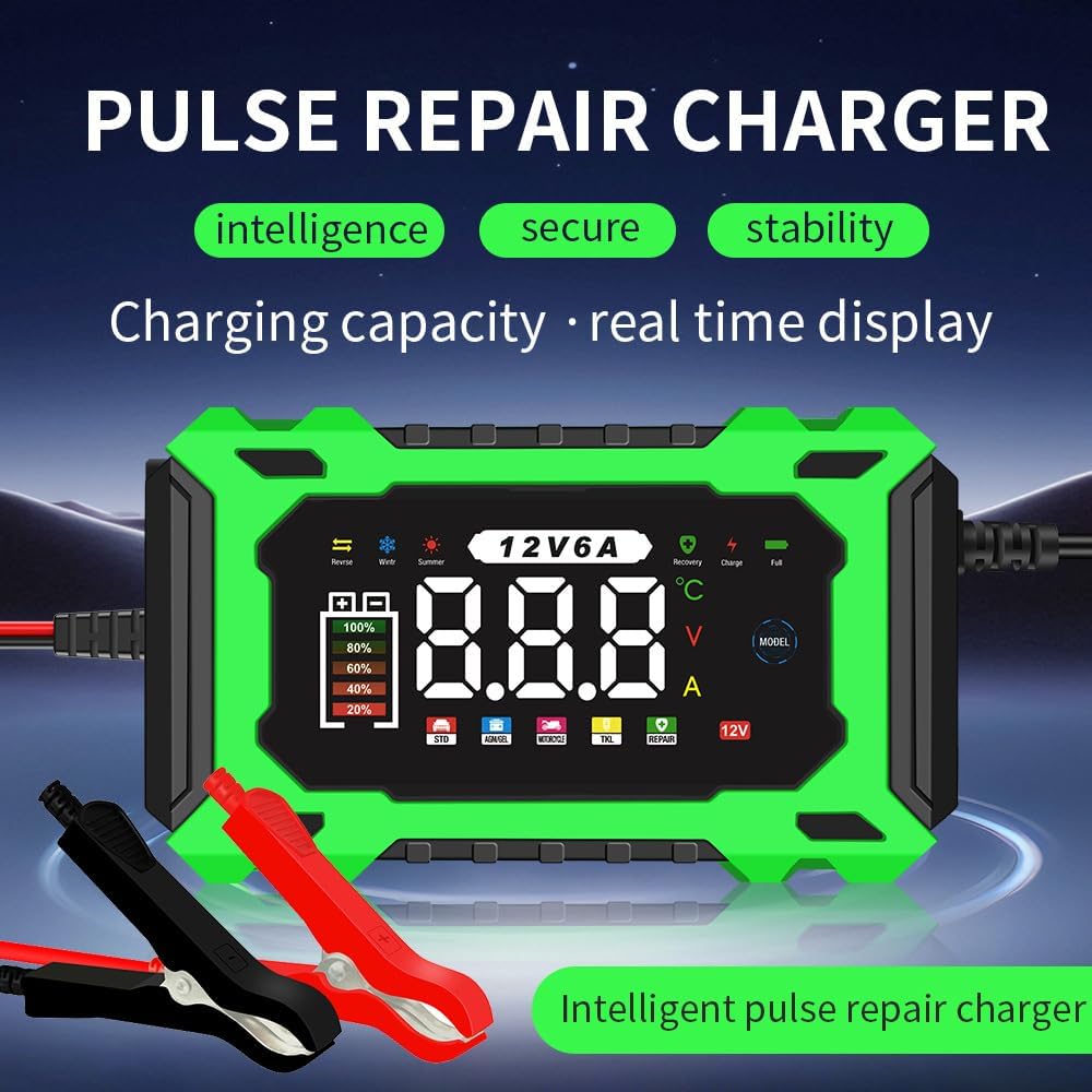 6-Amp 12V Smart Car Battery Charger, Battery Maintainer Trickle Charger with Desulfator, Pulse Repair & Overcharge Protection - for Car Lawn Mower Marine Lead-Acid Batteries (Green)