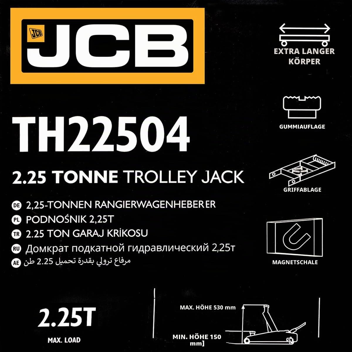 JCB Wagenheber hydraulisch 2,25T - Rangierwagenheber [150-530mm Hubhöhe] für SUVs geeignet - [Extra Lange Bauform] für hohe Stabilität und max Hebelkraft - Hydrauliköl-Bypass-System [Kolbenschutz]