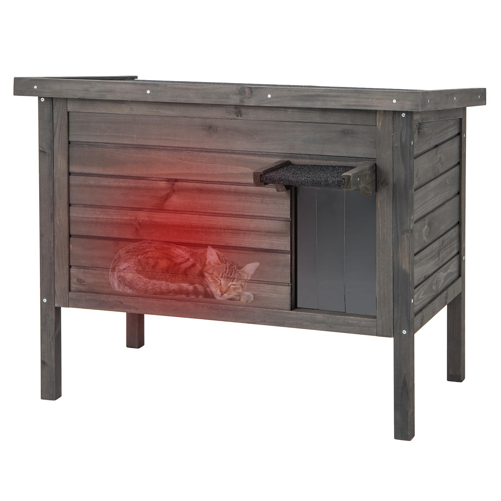 COSTWAY Casa para Gatos de Madera, Casa Gato Resistente a la Intemperie con Aislamiento de Espuma Integral, Techo Abatible y Puerta de Escape, para Invierno Interior/Exterior, 88x55x69cm, Gris