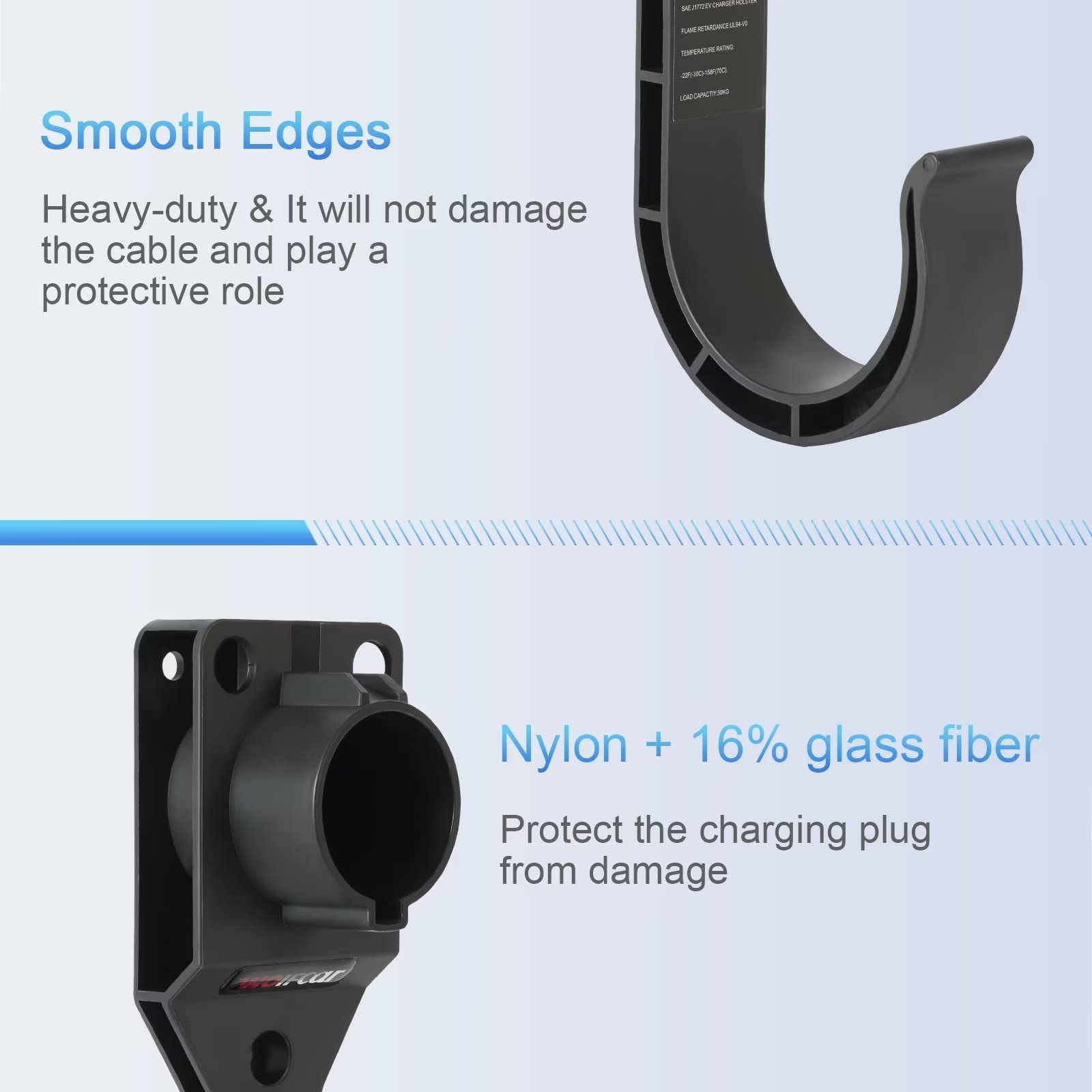 Wolfcar EV Charger Holder, Tesla Charger Holder, Reinforced Nylon+16% Glass Fiber Wall Mount Charging Cable Holder, EV Charger Holster Dock with J-Hook for J1772 & Tesla