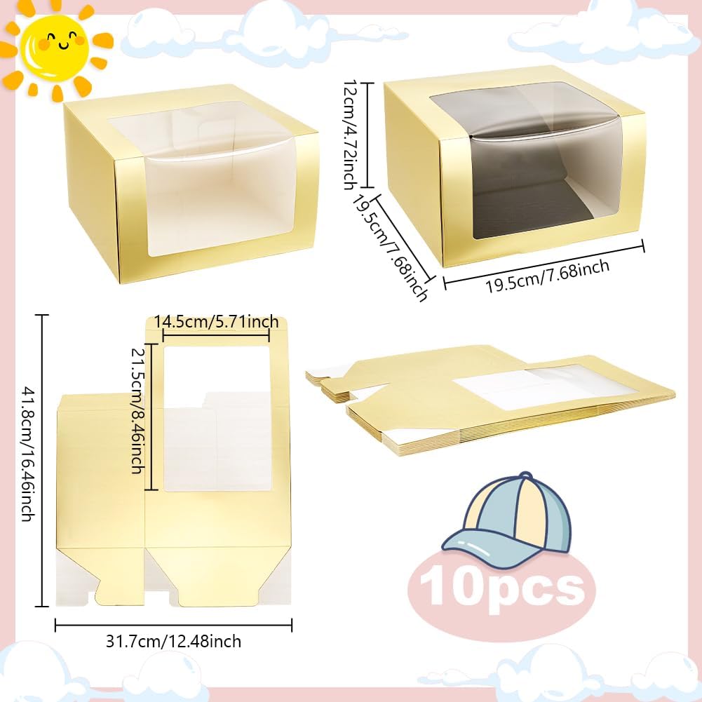 PH PandaHall 10 Pack Hat Storage Box with Window Baseball Cap Display Box 7.6x7.6x4.7 Inches Square Hat Box Snapback Storage Container for Baseball Cap Men Women Home Christmas Birthday Party, Gold