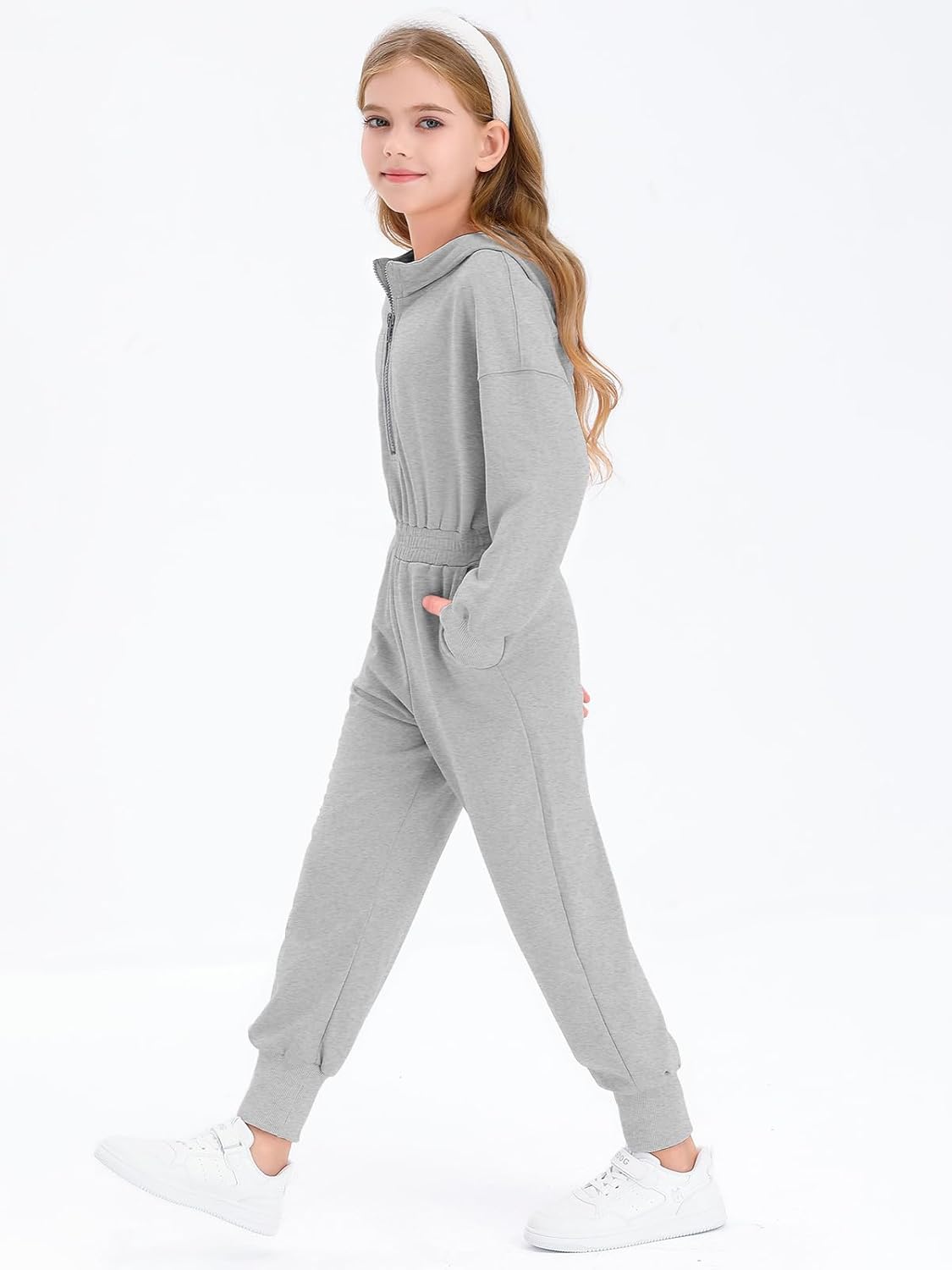 Haloumoning Girls Casual Jumpsuits Long Sleeve Hoodie Rompers Long Onesie with Pockets 4-14 T Grey Marle 7-8 Years image 5 of 5 B0DJR1QM7M