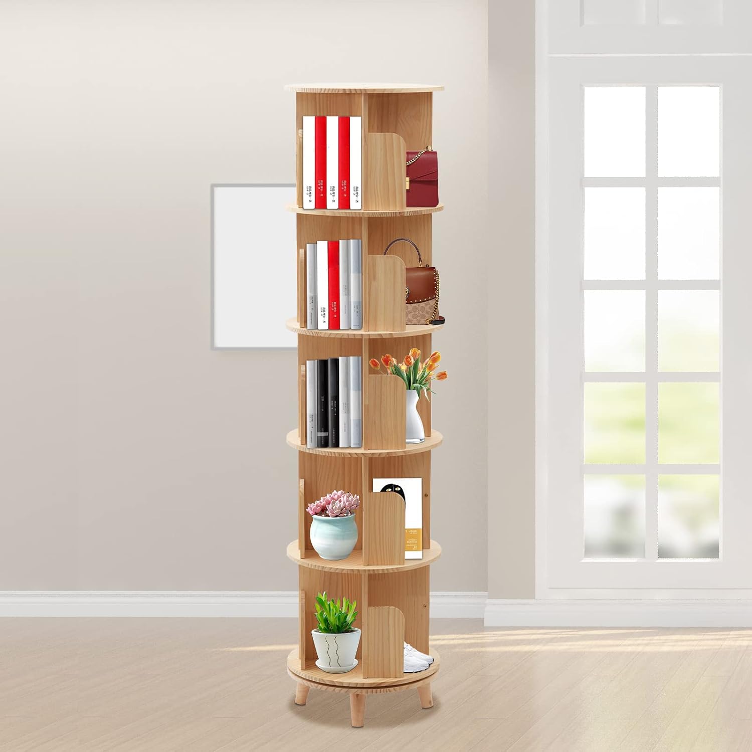 Rotating Bookshelf Bookcase Storage 5-Tier Stackable Solid Wood Shelf Freestanding Display Rack for Corridors, Balconies, Living Rooms, Study Rooms, Bedrooms, Nurseries, Children's Rooms