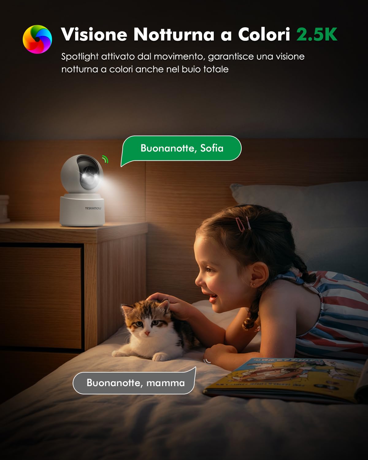 4MP 2.5K Telecamera Wi-Fi Interno Senza Fili con Batteria 6000mAh, 360° Telecamera Batteria Interno, Rilevazione di Movimento PIR, Visione Notturna a Colori, 2.4G/5G Wi-Fi