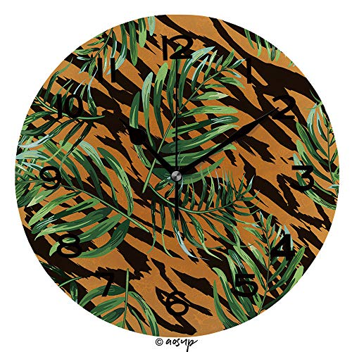 AmaUncle Round Wall Clock Seamless Background with Tropical Leaves and Skin of The