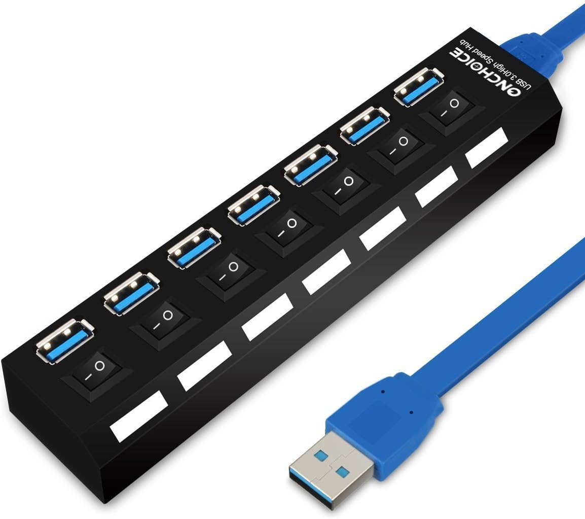 ONCHOICE USB 3.0 7 Ports Hub High Speed Data Hub with 7 Power Switches, 100cm Cable for Desktop/Laptop/Notebook/PC/Computer