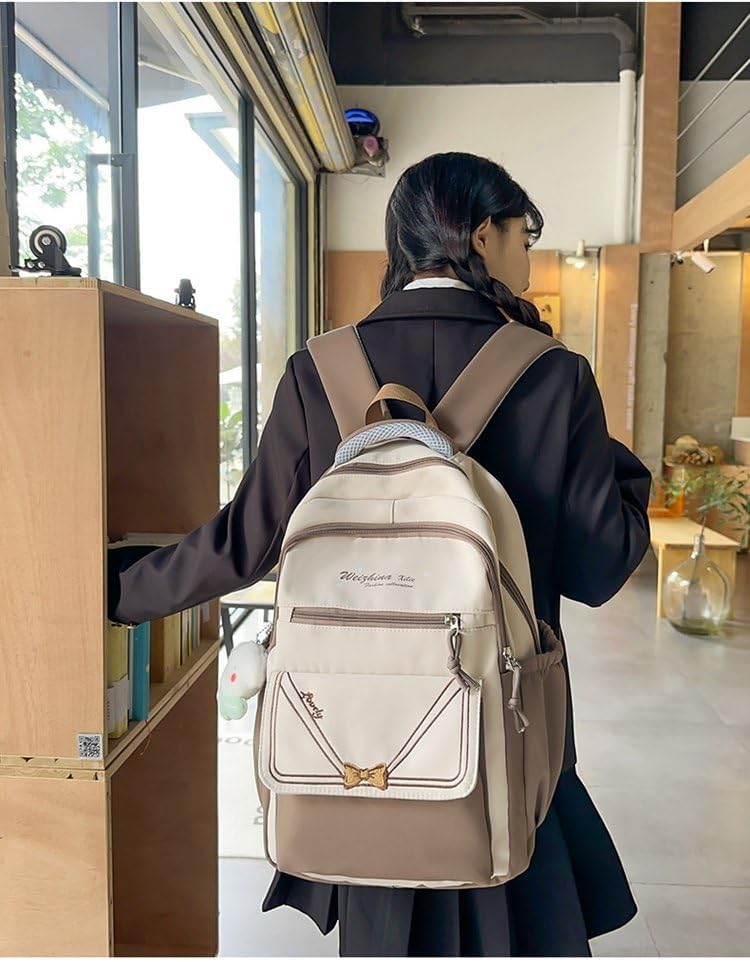 Kawaii Laptop Backpack With Accessory Spacious Cute Rucksack Multiple Compartments (Khaki)
