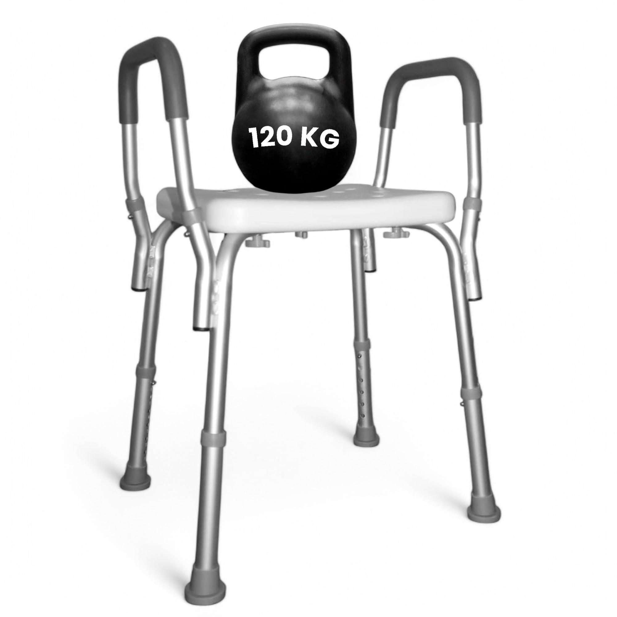 Ortopal - Sgabello Doccia Anziani e Disabili con Braccioli, Altezza Regolabile, Struttura in Alluminio, Antiscivolo, Facile da Montare - Peso Massimo 120 kg - Dimensioni 40x33cm (seduta)