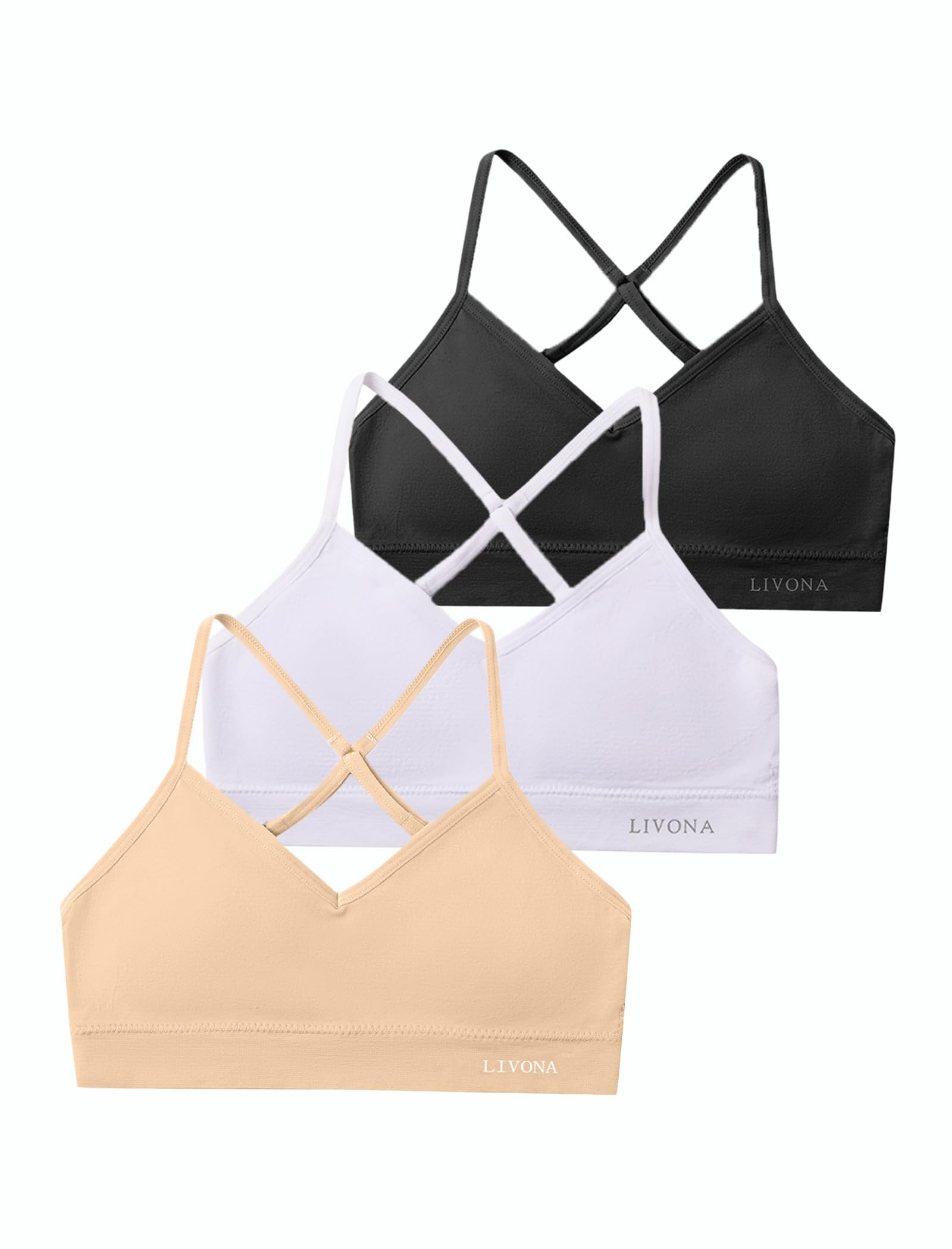 Livona Racerback Training Bra for Girls- 3 Pack Seamless Sports Bra, Padded Everyday Bra Bralette,Crop Cami Tank Top (6-14)